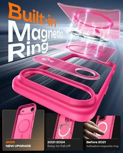 TOCOL for iPhone Air Case, Full Camera Protection, Built-in Magnetic Ring, Compatible with Magsafe Charger, Drop Protection, Translucent Matte Phone Case for iPhone 17 Air 6.5 inch (Hot Pink) - 2