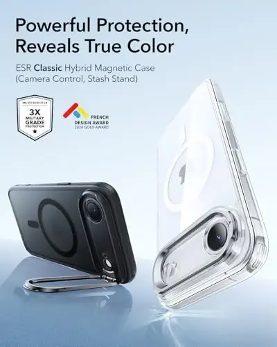 iPhone Air uchun ESR g‘ilofi Stash Stand, MagSafe bilan mos keladigan kamera boshqaruv qopqog‘i, harbiy darajadagi tushishdan himoya qiluvchi magnit telefon g‘ilofi iPhone Air uchun, tirnalishga chidamli orqa qopqoq, muzlatilgan qora - 5
