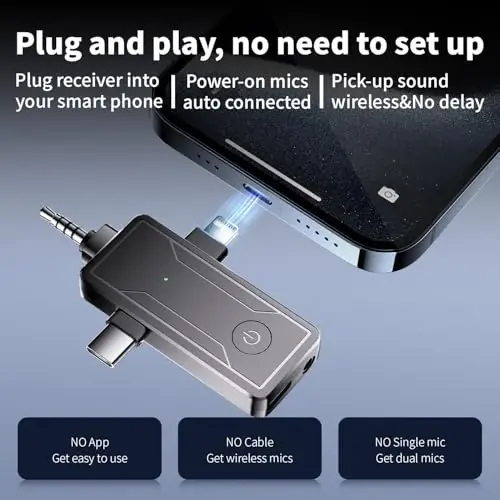 2 Pack Wireless Mini Lavalier Lapel Microphone for iPhone,Android Device(3 in 1) - 65ft Cordless Clip on Dual Mics with Noise Reduction 6H Working Time for Video Recording Vlogging, YouTube, Interview - 2