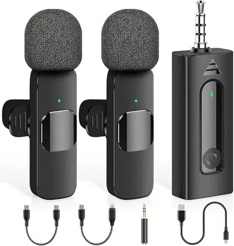 2 Pack Wireless Mini Lavalier Lapel Microphone for iPhone,Android Device(4 in 1) - 65ft Cordless Clip on Dual Mics with Noise Reduction 6H Working Time for Video Recording Vlogging, YouTube, Interview - 1