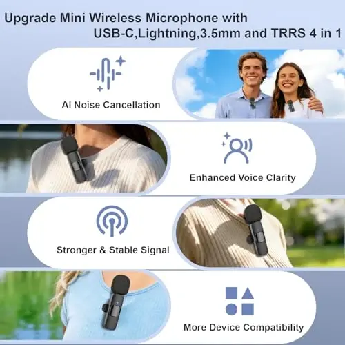 2 Pack Wireless Mini Lavalier Lapel Microphone for iPhone,Android Device(4 in 1) - 65ft Cordless Clip on Dual Mics with Noise Reduction 6H Working Time for Video Recording Vlogging, YouTube, Interview - 2