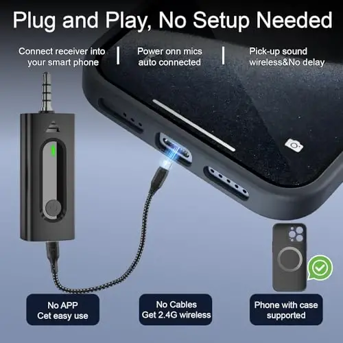 2-Pack Wireless Mini Lavalier Lapel Microphone for iPhone,Android Device(4 in 1) - 65ft Cordless Clip on Dual Mics with Noise Reduction 6H Working Time for Video Recording Vlogging, YouTube, Interview - 3