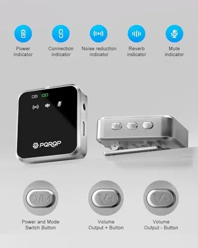 PQRQP 3 in 1 Mini Microphone for iPhone, Android, Camera | 328ft Range & 18H Battery | Noise-Canceling Mini Mic for Interviews, Content Creation, TikTok (Metallic Silver) - 2