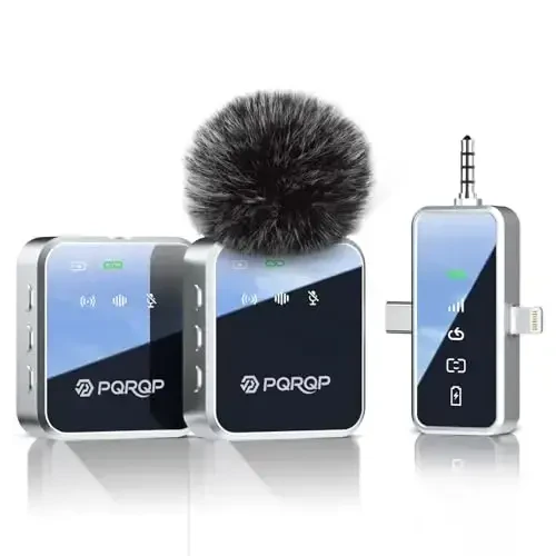 PQRQP 3 in 1 Mini Microphone for iPhone, Android, Camera | 328ft Range & 18H Battery | Noise-Canceling Mini Mic for Interviews, Content Creation, TikTok (Metallic Silver) - PQRQP