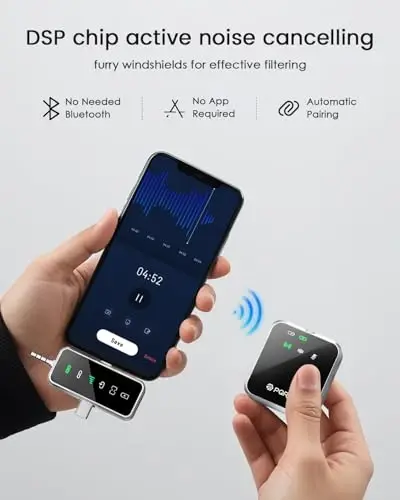 PQRQP 3 in 1 Mini Microphone for iPhone, Android, Camera | 328ft Range & 18H Battery | Noise-Canceling Mini Mic for Interviews, Content Creation, TikTok (Metallic Silver) - 3
