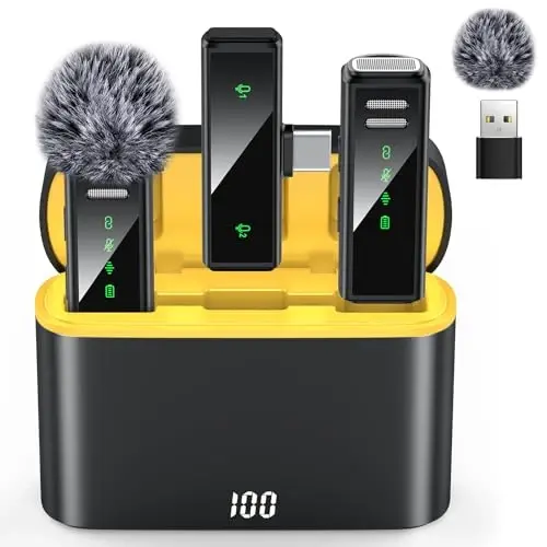 VEZQUA Wireless Lavalier Microphone for iPhone, Android, PC, Laptop - USB C Mini Microphone with Noise Cancellation for Video Recording, Vlog, YouTube, TikTok (USB C + Charging Case) - 1