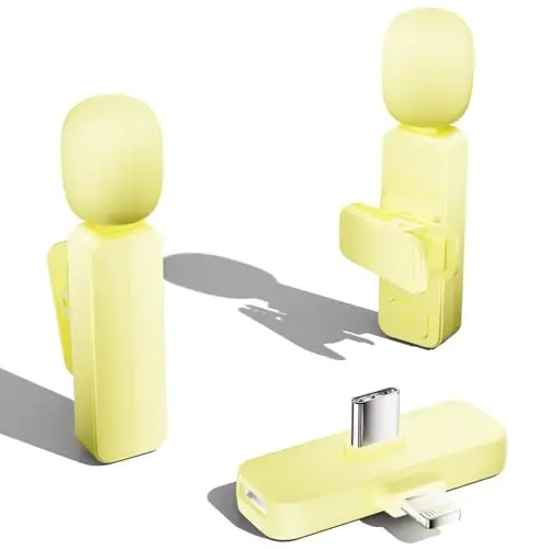 2 Pack Wireless Mini Lavalier Lapel Microphone for iPhone,Android Phone(2 in 1) - 65ft Cordless Clip on Dual Mics with Noise Reduction 6H Working Time for Video Recording Vlogging, YouTube, (Yellow) 