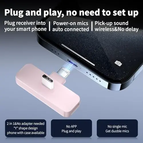 iPhone, Android telefon uchun 2 dona simsiz mini Lavalier mikrofon (2 in 1) - 65 fut simsiz qisqichli qo'sh mikrofon, shovqinni kamaytirish, video yozish, Vlogging, YouTube uchun 6 soatlik ishlash vaqti (pushti) - 2