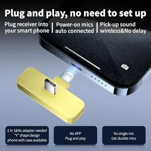 iPhone, Android telefon uchun 2 dona simsiz mini lavalier mikrofon (2 tasi 1 da) - shovqinni kamaytirish, videoyozuv, vlog va YouTube uchun 65 fut simsiz qisqichli ikkita mikrofon, 6 soatlik ishlash vaqti (sariq) - 2