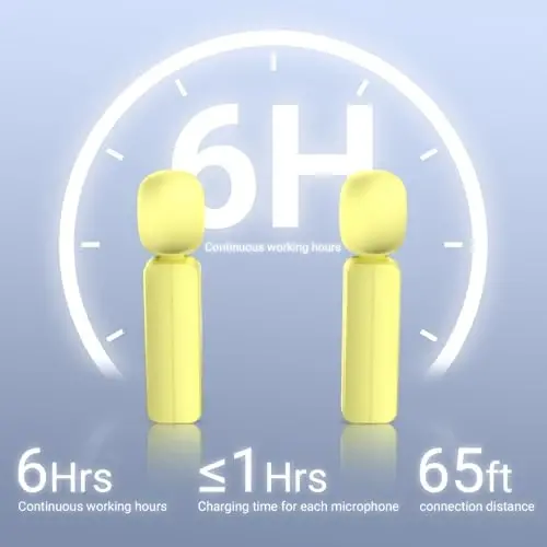 iPhone, Android telefon uchun 2 dona simsiz mini lavalier mikrofon (2 tasi 1 da) - shovqinni kamaytirish, videoyozuv, vlog va YouTube uchun 65 fut simsiz qisqichli ikkita mikrofon, 6 soatlik ishlash vaqti (sariq) - 4