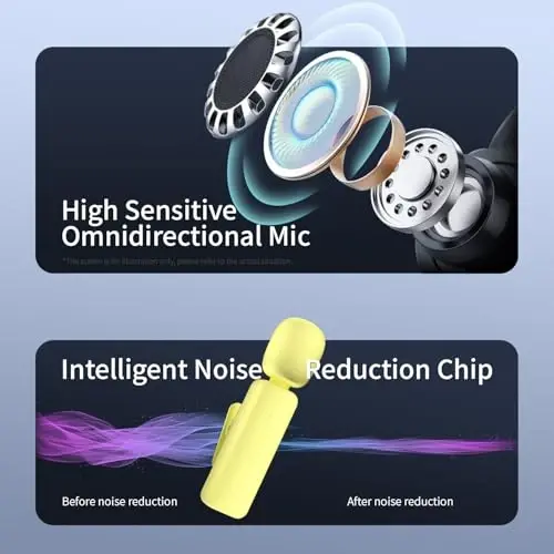 iPhone, Android telefon uchun 2 dona simsiz mini lavalier mikrofon (2 tasi 1 da) - shovqinni kamaytirish, videoyozuv, vlog va YouTube uchun 65 fut simsiz qisqichli ikkita mikrofon, 6 soatlik ishlash vaqti (sariq) - 5