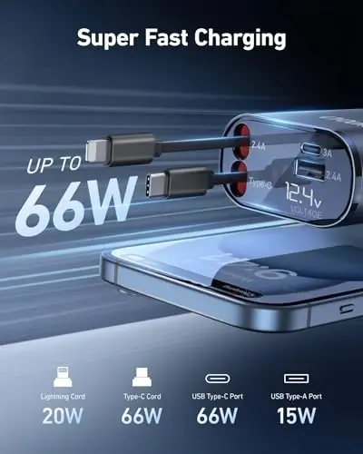 iPhone Car Charger, Retractable Fast Car Phone Charger 100w for CarPlay, 4 in 1 Car Charger Adapter with 2 Cables 31.5 Inch and 2 USB Ports, Compatible with iPhone 17/16/15/14/13/12/11 Pro/Samsung - 2