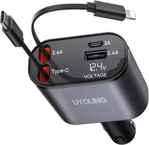 iPhone Car Charger, Retractable Fast Car Phone Charger 100w for CarPlay, 4 in 1 Car Charger Adapter with 2 Cables 31.5 Inch and 2 USB Ports, Compatible with iPhone 17/16/15/14/13/12/11 Pro/Samsung - 5