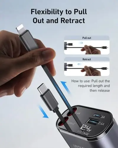 iPhone Car Charger, Retractable Fast Car Phone Charger 100w for CarPlay, 4 in 1 Car Charger Adapter with 2 Cables 31.5 Inch and 2 USB Ports, Compatible with iPhone 17/16/15/14/13/12/11 Pro/Samsung - 3