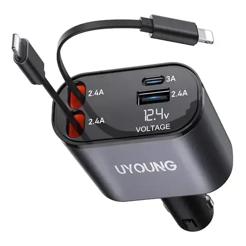 iPhone Car Charger 4 in 1 Fast USB Car Phone Charger 20W Double Lightning Retractable Cables 31.5 Inch and 2 USB Ports Car Charger Adapter for iPhone 17/16/15/14/13/12 Pro Max/XR/XS,Samsung,Pixel,iPad 
