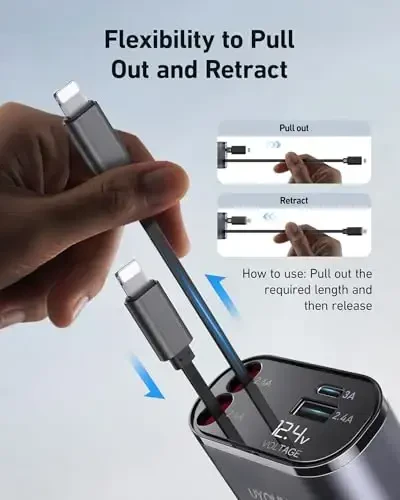 iPhone Car Charger 4 in 1 Fast USB Car Phone Charger 20W Double Lightning Retractable Cables 31.5 Inch and 2 USB Ports Car Charger Adapter for iPhone 17/16/15/14/13/12 Pro Max/XR/XS,Samsung,Pixel,iPad - 4