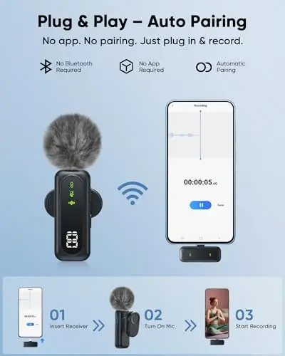 Jubolion Wireless Mini Microphone for iPhone – Magnetic Clip Mini Mic with 100% Battery Display, Noise Reduction, Plug & Play, Compatible with iOS/Android – for Video Recording YouTube Tiktok - 3
