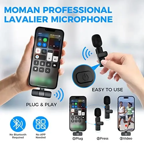 Moman Wireless Lavalier Microphone for iPhone, 2 Pack Clip on Microphones for Video Recording, Mini Phone Mic for Interview YouTube Tiktok - 2
