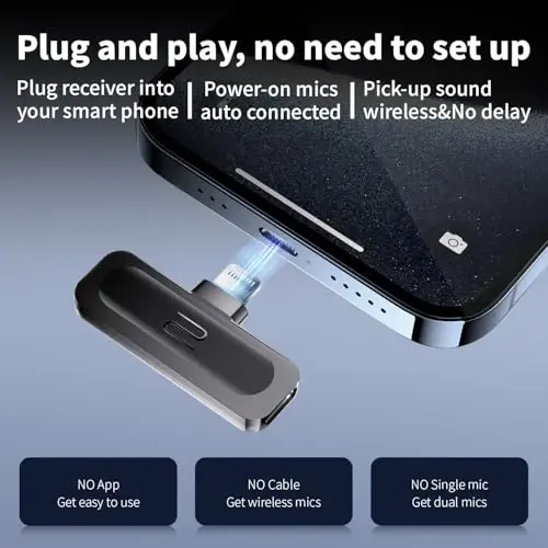 iPhone, iPad (Lightning) uchun 2 ta simsiz mini lavalier mikrofon, qisqichli qo'sh mikrofon, shovqinni kamaytirish, 6 soatlik ishlash vaqti, video yozish, vlog, YouTube, intervyu uchun - 65 fut simsiz - 2