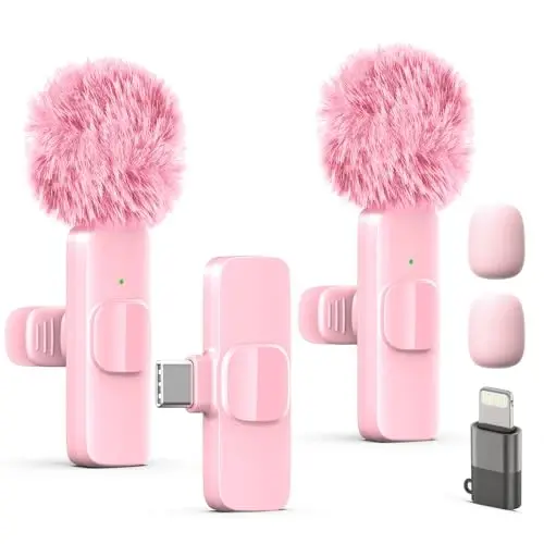 Wireless Lavalier Lapel Microphone for iPhone, iPad, mini Video Recording Mic for Interview Video Podcast Vlog YouTube & Livestream, Noise Reduction, Plug & Play (Pink Type C & Lightning Port) - 1
