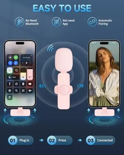 iPhone iPad uchun professional simsiz lavalier mikrofon (iPhone 14 va undan pastrog'i uchun), simsiz ko'p yo'nalishli qisqichli mikrofon, intervyu video podcast vlog YouTube uchun Plug-Play mikrofon - 3
