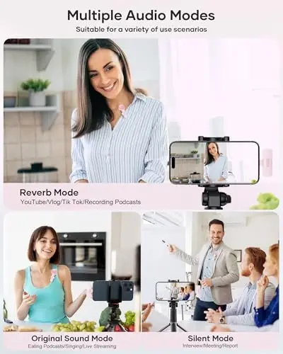 iPhone iPad va Android telefon uchun simsiz lavalier mikrofon, 2 dona Lapel Mic Plug and Play simsiz mikrofon shovqinni kamaytiruvchi mikrofon video yozuv intervyu podkast Vlog YouTube Tiktok uchun (pushti) - 3