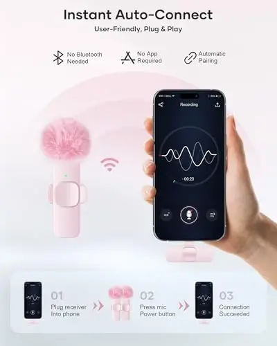iPhone iPad va Android telefon uchun simsiz lavalier mikrofon, 2 dona Lapel Mic Plug and Play simsiz mikrofon shovqinni kamaytiruvchi mikrofon video yozuv intervyu podkast Vlog YouTube Tiktok uchun (pushti) - 2