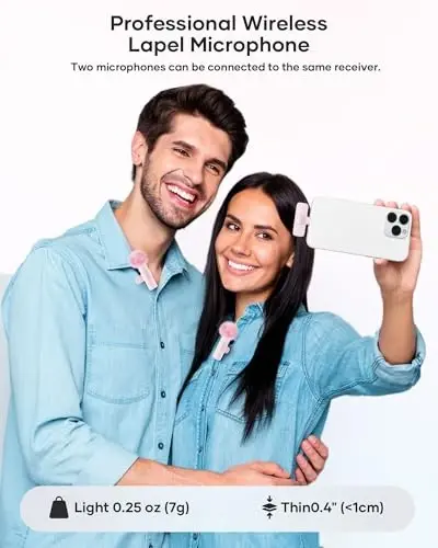 iPhone iPad va Android telefon uchun simsiz lavalier mikrofon, 2 dona Lapel Mic Plug and Play simsiz mikrofon shovqinni kamaytiruvchi mikrofon video yozuv intervyu podkast Vlog YouTube Tiktok uchun (pushti) - 4