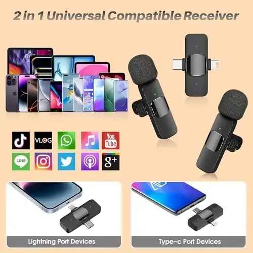 iPhone iPad va Android telefonlari uchun 2 tasi 1 da simsiz lavalier mikrofon, shovqinni kamaytirish bilan Plug and Play Laple mikrofonlari, 20M diapazon, video yozish, striming, intervyu uchun real vaqtda sinxronlashtirish mikrofoni - KASHEVI (1)