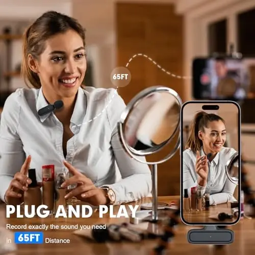 iPhone, iPad va Android uchun 2 li simsiz Lavalier mikrofon. Zaryadlash qutisi va jak adapteri kiritilgan. Shovqinni yo'q qilish Plug-Play ko'krak nishonchasidagi mikrofon. YouTuberlar, yozuvlar, Vlog va Facebook jonli efir translatsiyalari uchun - 4