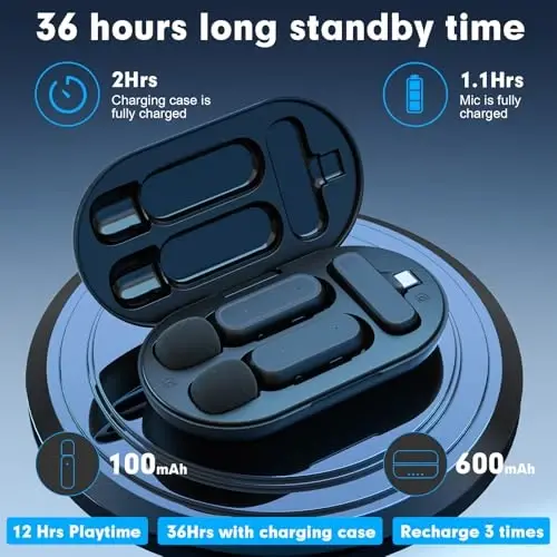 iPhone, iPad va Android uchun 2 li simsiz Lavalier mikrofon. Zaryadlash qutisi va jak adapteri kiritilgan. Shovqinni yo'q qilish Plug-Play ko'krak nishonchasidagi mikrofon. YouTuberlar, yozuvlar, Vlog va Facebook jonli efir translatsiyalari uchun - 5