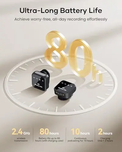 iPhone, iPad va Android uchun zaryadlash qutisi, 80 soatlik batareya quvvati, shovqinni bekor qilish va 50 metrlik masofani qo‘llab-quvvatlaydigan simsiz yaka mikrofon. YouTube, videoyozuv, vlogging va jonli translyatsiyalar uchun qulay. - 5