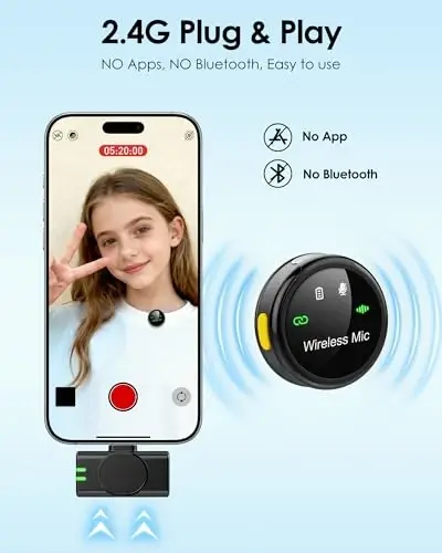 GoorDik J7 Wireless Lavalier Microphone for iPhone, iPad and Android(Lightning/USB C), Mini Microphones 30 H Battery Life, 2 Pack Round Mini Mics for Video Recording YouTube TikTok Content Creator - 3