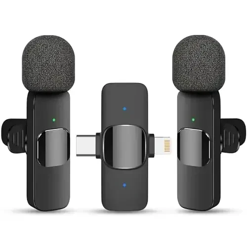 2 in 1 Wireless Lavalier Microphone for iPhone iPad and Android Phone, Plug and Play Laple Mics with Noise Reduction, 65FT Range, Real-Time Sync Microphone for Video Recording, Streaming, Interviews 
