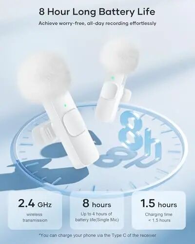 Wireless Lavalier Microphone for iPhone iPad and Android Phone, 2 Pack Lapel Mic Plug and Play Wireless Mic Noise Reduction Microphone for Video Recording Interview Podcast Vlog YouTube (White) - 6