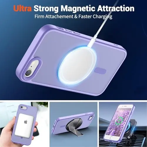 iPhone SE 2022 (3-avlod)/2020 (2-avlod) va iPhone 8 uchun SUPFINE magnitli g'ilof (MagSafe bilan mos keladi) (Harbiy darajadagi tushishdan himoya), yarim shaffof matli telefon g'ilofi, binafsha rang - 5