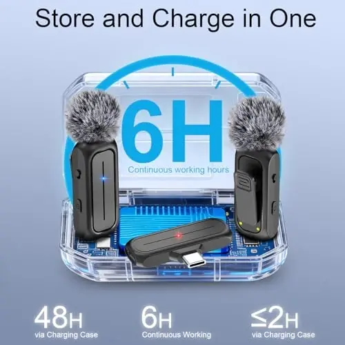 iPhone va Android telefonlar uchun zaryadlash qutisi bilan 2-paketli simsiz mini lavalier yoqqa mikrofoni - shovqinni kamaytirish va 6 soatlik ish vaqti bilan 65 fut simsiz klipli ikkita mikrofon, video yozib olish va vlog uchun - 3