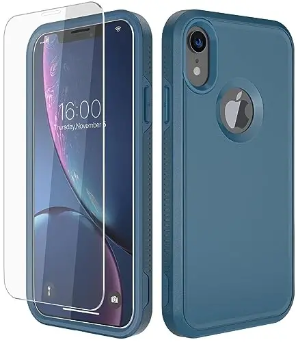 Diverbox for iPhone XR Case [Tempered Glass Screen Protector] [Shockproof] [Dropproof] Heavy Duty Protection Phone Case Cover for Apple iPhone XR Blue - DIVERBOX