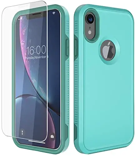 Diverbox for iPhone XR Case [Tempered Glass Screen Protector] [Shockproof] [Dropproof] Heavy Duty Protection Phone Case Cover for Apple iPhone XR (Teal) - 1