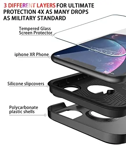 Diverbox for iPhone XR Case [Tempered Glass Screen Protector] [Shockproof] [Dropproof] Heavy Duty Protection Phone Case Cover for Apple iPhone XR (Black) - 6