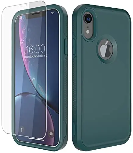 Diverbox for iPhone XR Case [Tempered Glass Screen Protector] [Shockproof] [Dropproof] Heavy Duty Protection Phone Case Cover for Apple iPhone XR (Dark Green) - DIVERBOX