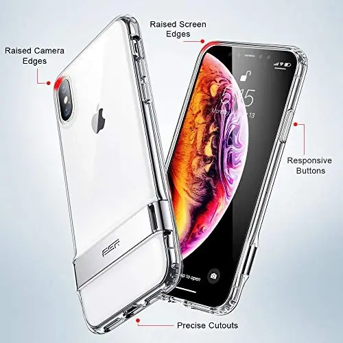 iPhone Xs Max için ESR Metal Destek Çubuklu Kılıf, [Dikey ve Yatay Stand] [Güçlendirilmiş Düşme Koruması] iPhone 6.5 inç(2018)(Jelly Şeffaf) için Esnek Yumuşak TPU - 6