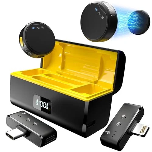 iPhone/Android uchun Rythflo simsiz Lavalier mikrofoni Lightning/USB C(2 TX+2 RX+Zaryadlash qutisi), shovqinni bekor qilish funksiyali mini mikrofon, 35 soat batareya, video yozib olish va Vlog uchun klipli lapel mikrofoni - Rythflo