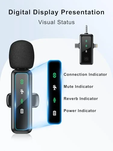 3 IN 1 Wireless Lavalier Microphones for iPhone/Android/Camera Devices(Lightning/USBC/3.5 mm Jack), 2 Pack Mini LED Display Lapel Mic with Mute/Reverb/Noise Reduction for TikTok/YouTube/Vlog Recording - BILIWAL (1)