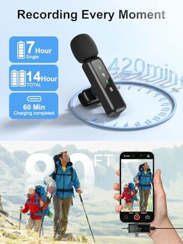 3 IN 1 Wireless Lavalier Microphones for iPhone/Android/Camera Devices(Lightning/USBC/3.5 mm Jack), 2 Pack Mini LED Display Lapel Mic with Mute/Reverb/Noise Reduction for TikTok/YouTube/Vlog Recording - 5