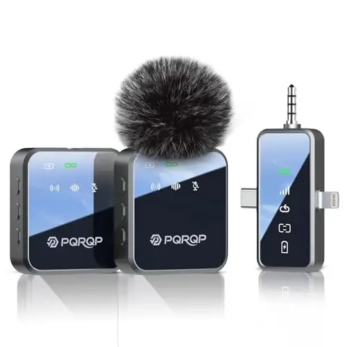 PQRQP 3-in-1 Mini Microphone for iPhone/Android/Camera, Hi-Fi Audio, Wireless Microphones, 328ft Range, 20H Battery, Lapel Mic with Noise Reduction for Live Streaming, TikTok, YouTube (Graphite Gray) 