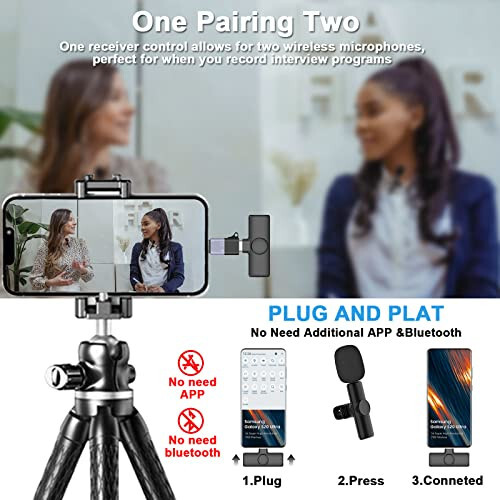 iPhone/iPad/Android/Noutbuk uchun simsiz lavalier kravat mikrofoni, Type-C porti mini yozuv mikrofoni, video yozuvi, intervyu, TikTok, YouTube, Vlog, ulash va ishlatish, shovqinni kamaytirish (2 ta to'plam) - 2