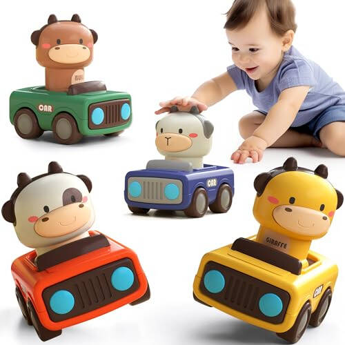 iPlay, iLearn Press to Go Car Toys for Toddlers 1-3, Baby Animal Racing Cars, Infant Play Vehicle Set, Baby Push Go Friction Car Toys for 6-9-12-18 Months, 1st Birthday Gifts for 1-2 Years Old Boys - 1