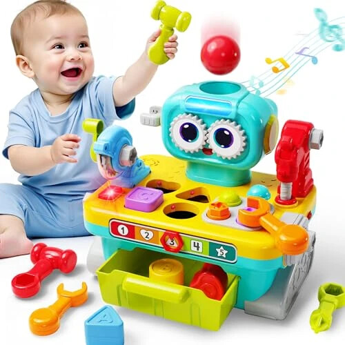 iPlay, iLearn Toddler Musical Workbench Toys for One Year Old Boys, Baby Pretend Play Tool Set, Infant Shape Sorter Activities, Kids Pounding Game, 1st Birthday Gift for 12 18 24 Month Girls Age 1 2 3 - iPlay,
