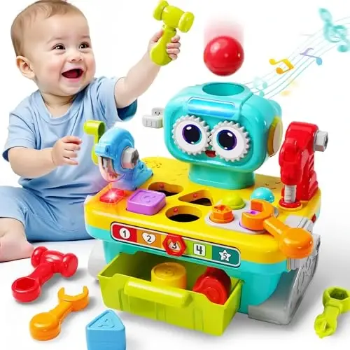 iPlay, iLearn Toddler Musical Workbench Toys for One Year Old Boys, Baby Pretend Play Tool Set, Infant Shape Sorter Activities, Kids Pounding Game, 1st Birthday Gift for 12 18 24 Month Girls Age 1 2 3 - 1